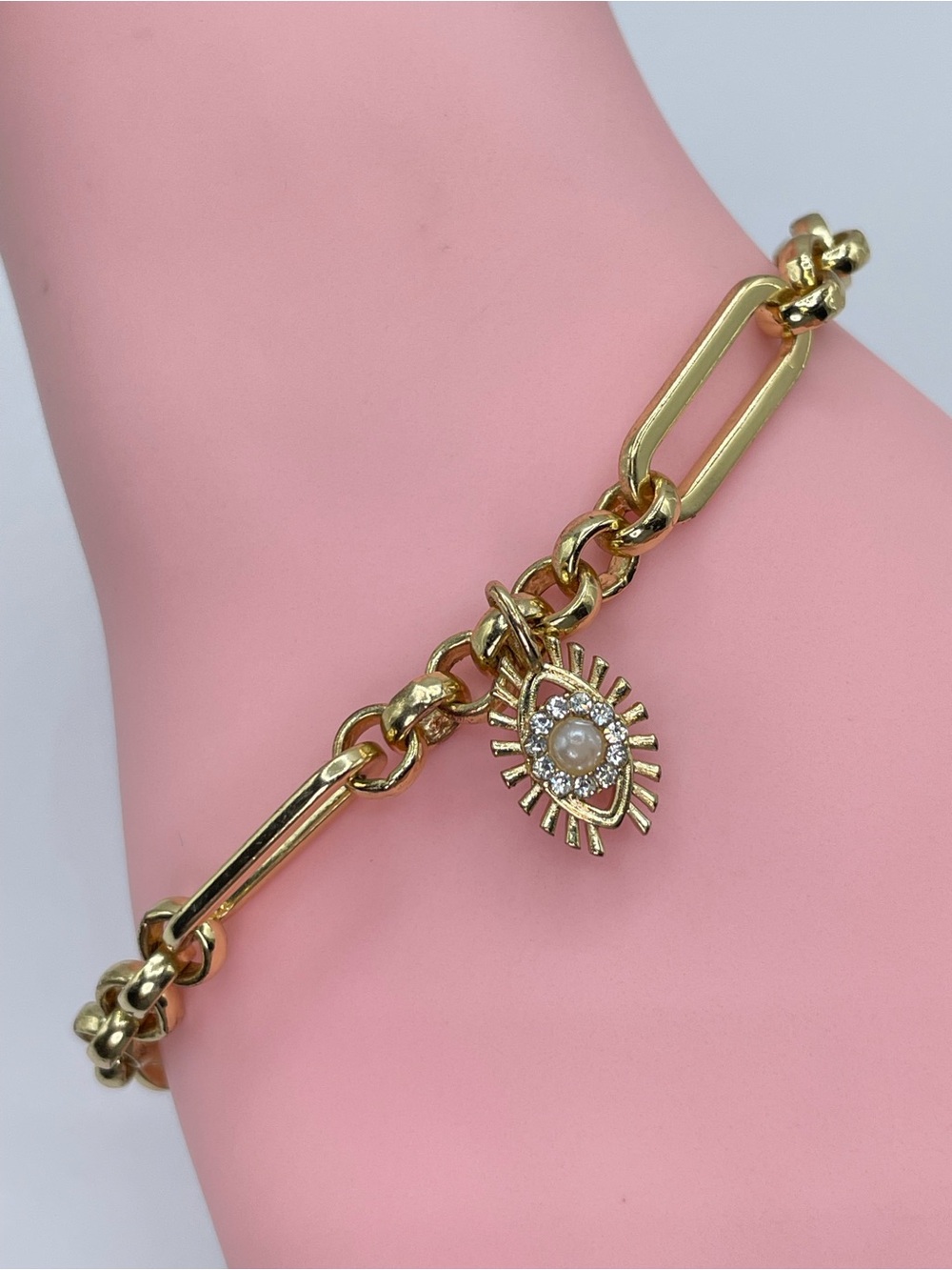 BaubleBar Gold Tone Evil Eye Crystal Glass Charm Link Bracelet